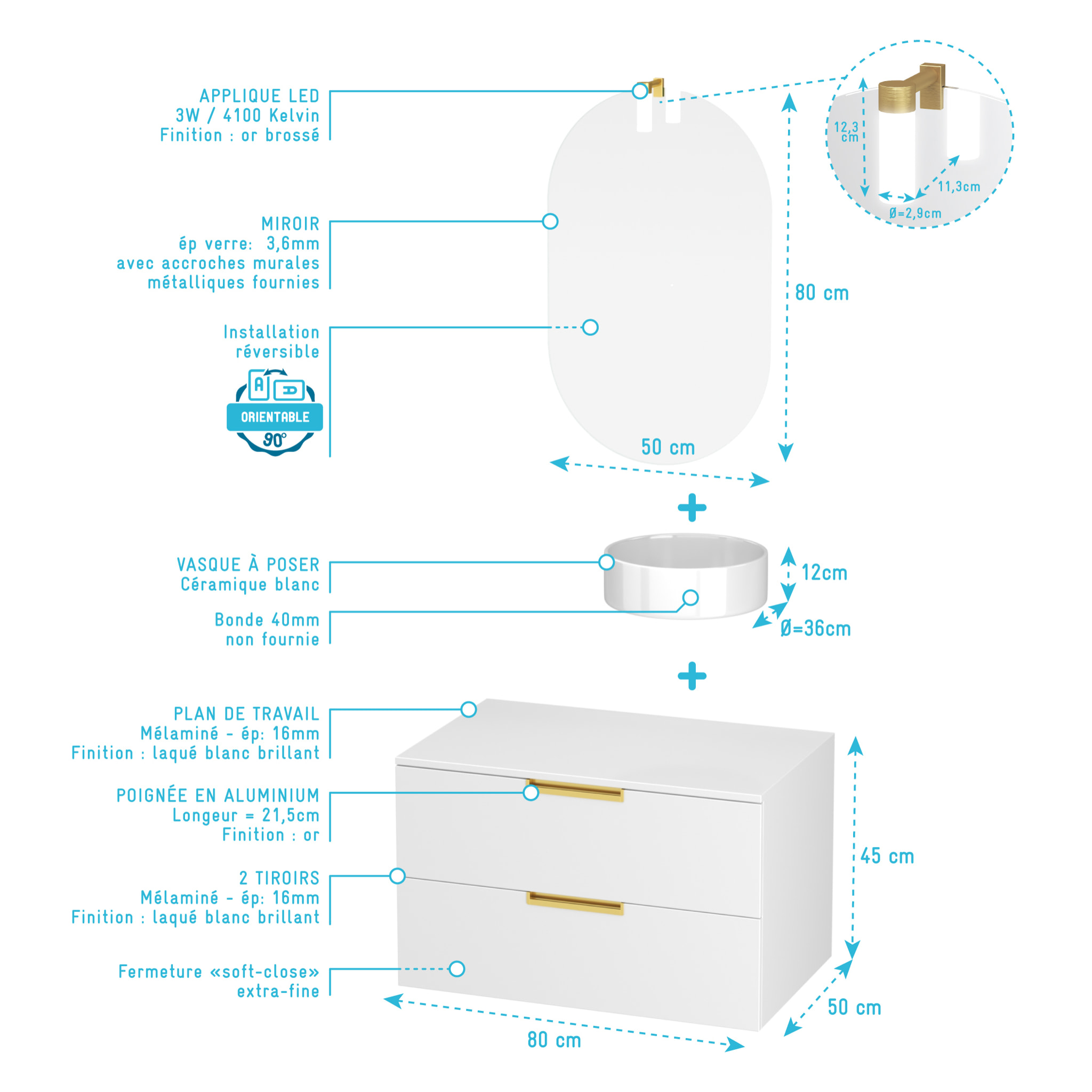 Meuble Salle de Bains 80cm Laqué Blanc et Or Doré 2 Tiroirs - Vasque Blanche - Miroir & Applique Led