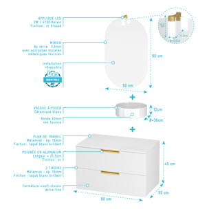 Meuble Salle de Bains 80cm Laqué Blanc et Or Doré 2 Tiroirs - Vasque Blanche - Miroir & Applique Led