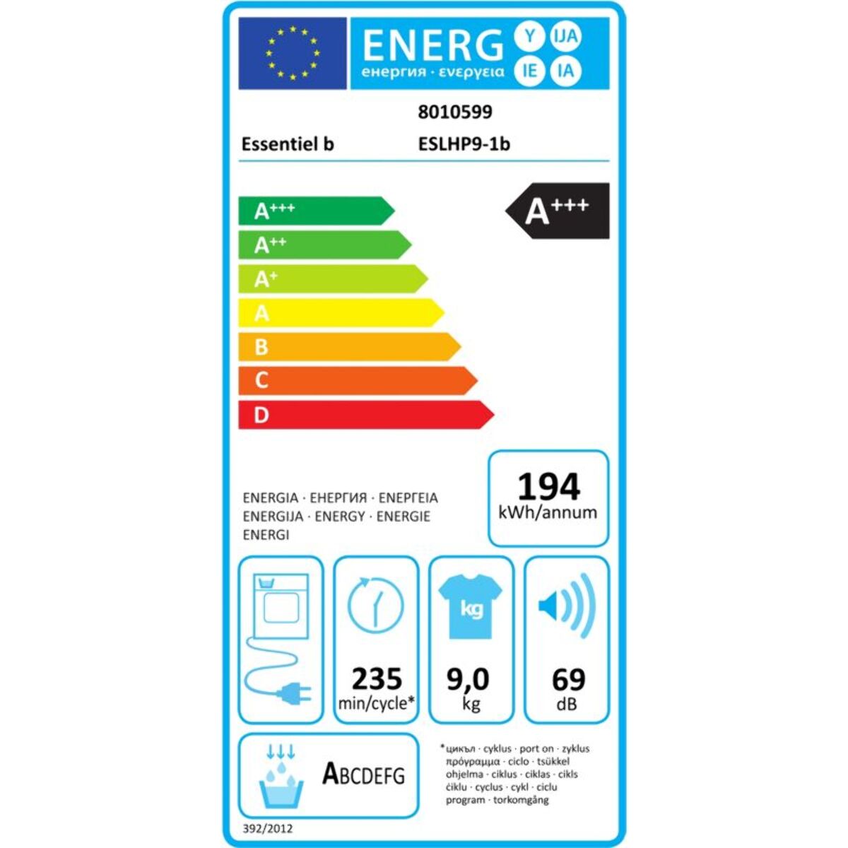 Sèche linge pompe à chaleur ESSENTIELB ESLHP9-1b