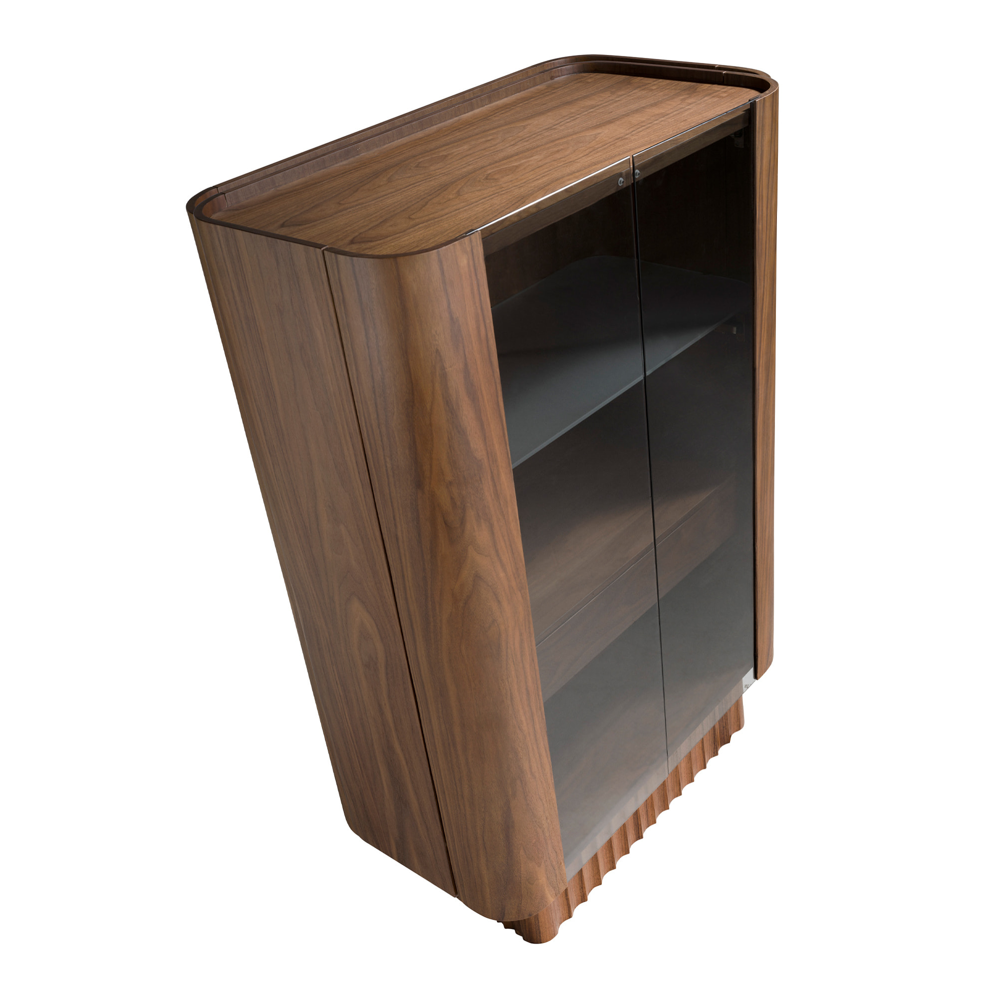 Aparador alto de madera chapada en nogal natural Iluminación interior 100x50x150cm