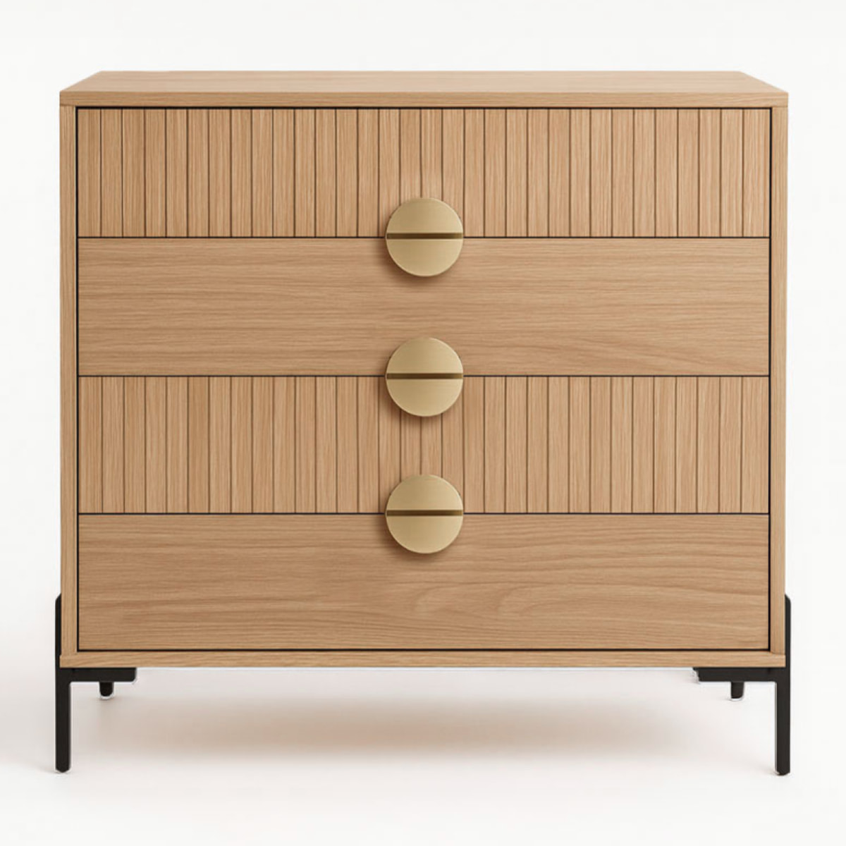 TORINESE Commode 4 tiroirs décor bois rainuré et poignées dorées 84cm