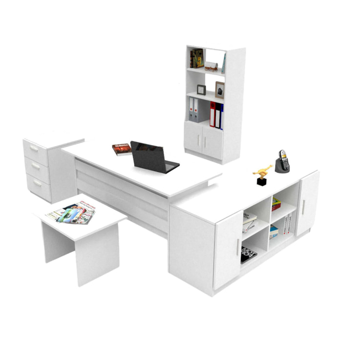 Set da ufficio Hilda, Composizione da studio, Kit ufficio, Set scrivania e cassettiera, Bianco