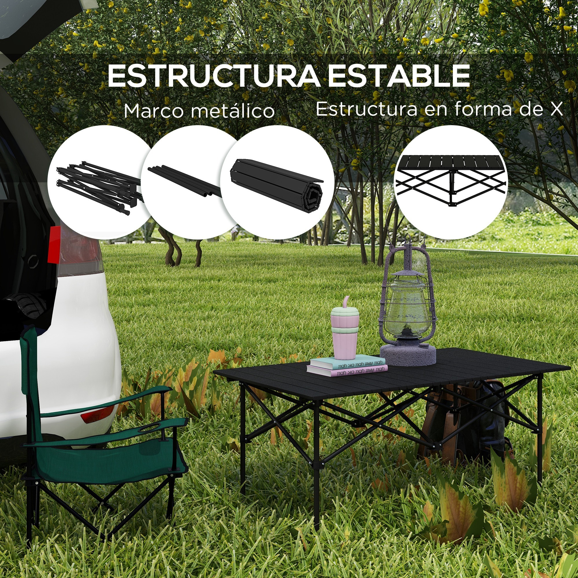 Mesa de Camping Plegable de Metal con Tapa Enrollable y Bolsa de Transporte Mesa de Picnic Portátil para Acampar Senderismo Playa Barbacoa 95x55x50 cm Negro