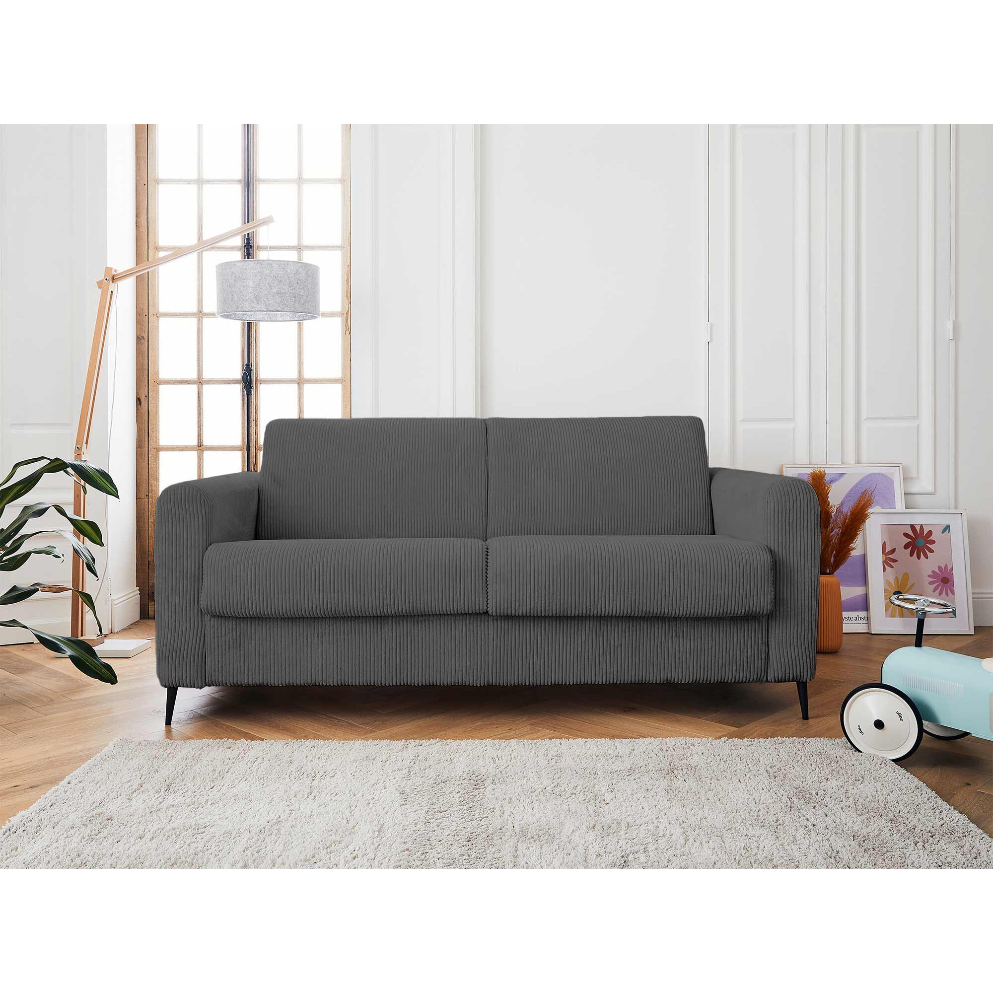 Owen - canapé lit 3 places convertible express couchage quotidien 140 cm matelas 12 cm en velours côtelé - Gris foncé