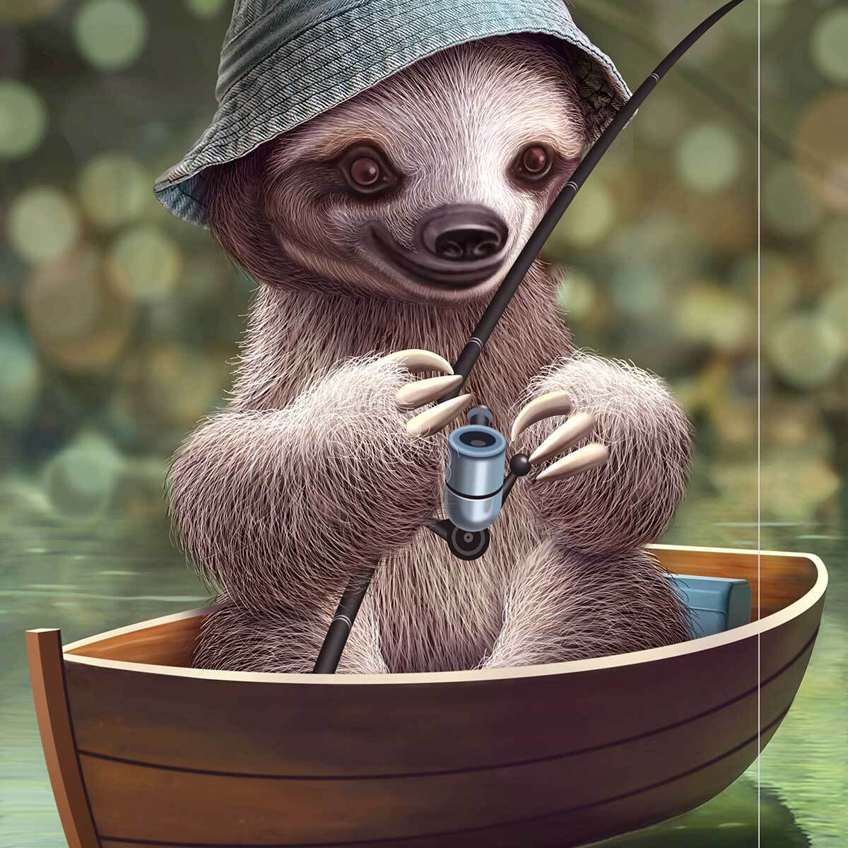 Affiche enfant paresseux à la pêche  Affiche sous cadre noir