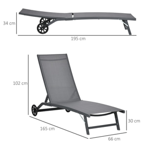 Pack de 2 Tumbonas de Jardín Exterior Tumbonas Reclinables de Aluminio con Respaldo Ajustable de 5 Niveles y Ruedas para Playa Piscina 165x66x102 cm Gris Oscuro
