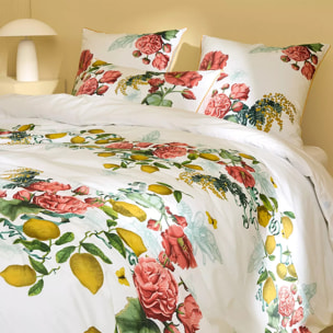 Housse de couette percale de coton lavé imprimé rose jaune Citrons de menton romance
