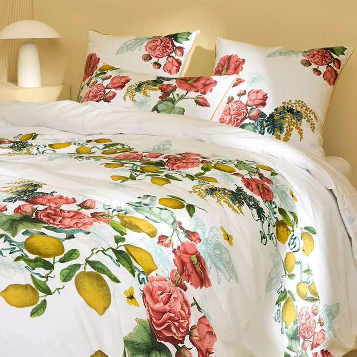 Housse de couette percale de coton lavé imprimé rose jaune Citrons de menton romance