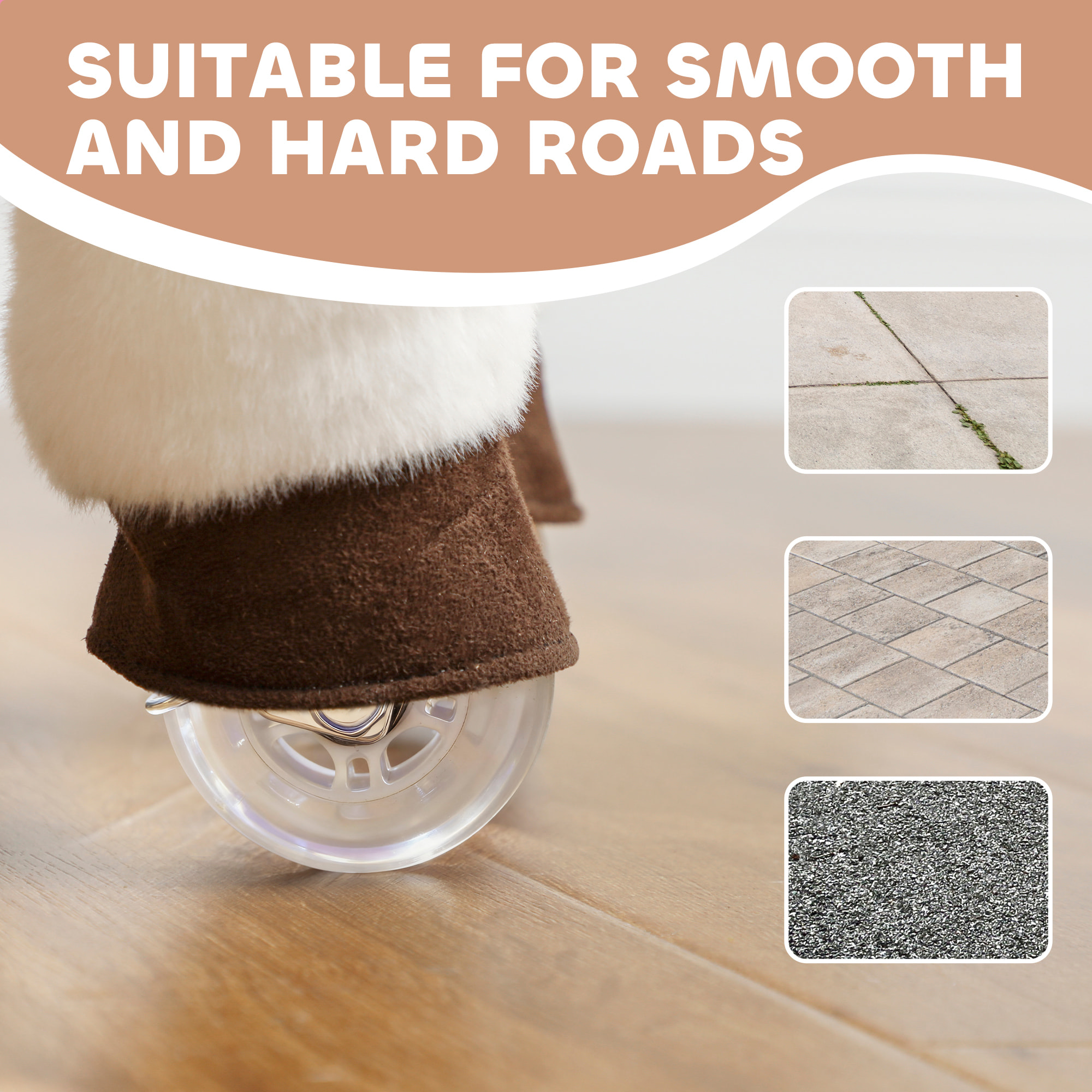 Cheval debout sur roulettes en peluche selle étrier poignées 72L x 32l x 80H beige marron blanc