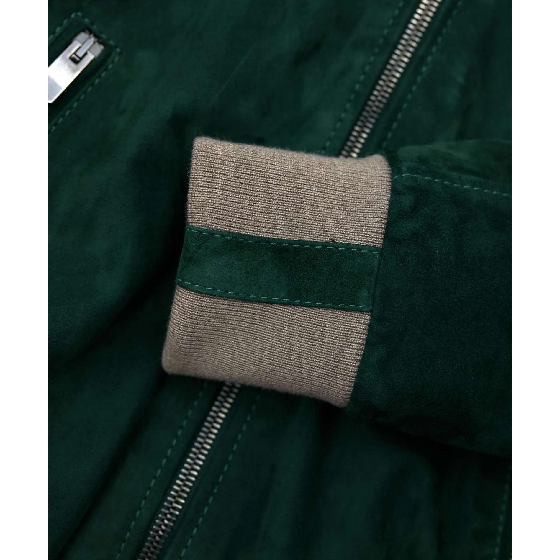 Bomber in pelle scamosciata verde collo in lana merino