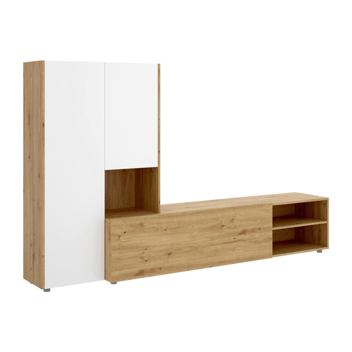 Parete attrezzata Ainos, Set da soggiorno porta TV, Mobile salotto multiuso, 227x40h141 cm, Rovere Nodi e Bianco