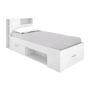 Letto per bambini Cristallo, Lettino per cameretta con testiera, Struttura per letto singolo con cassetto e scaffali, 218x99h96 cm, Bianco