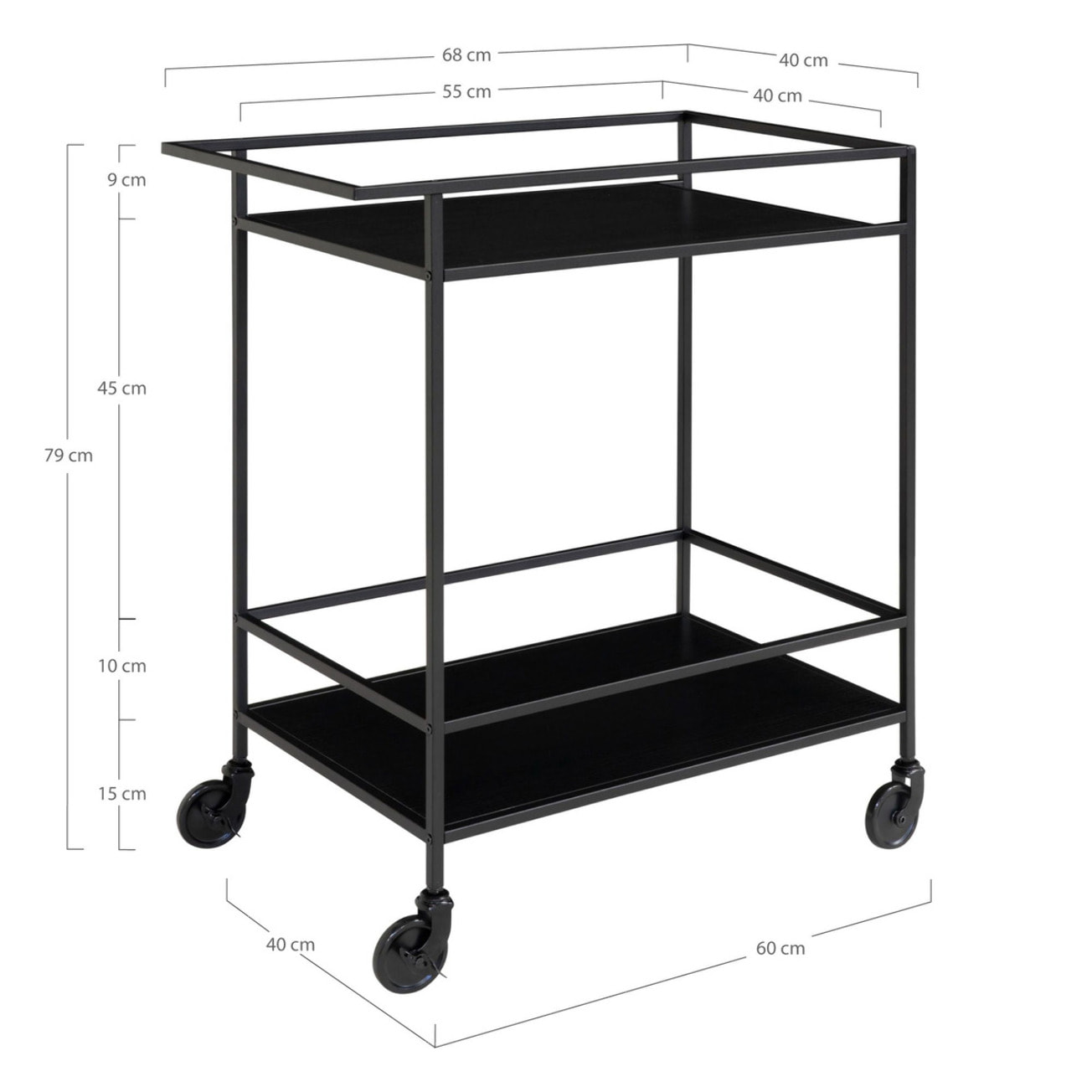Carrello bar Vita a 2 ripiani in nero con struttura in acciaio, 68×40×79 cm