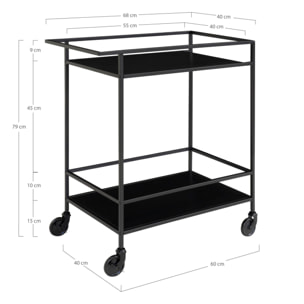 Carrello bar Vita a 2 ripiani in nero con struttura in acciaio, 68×40×79 cm
