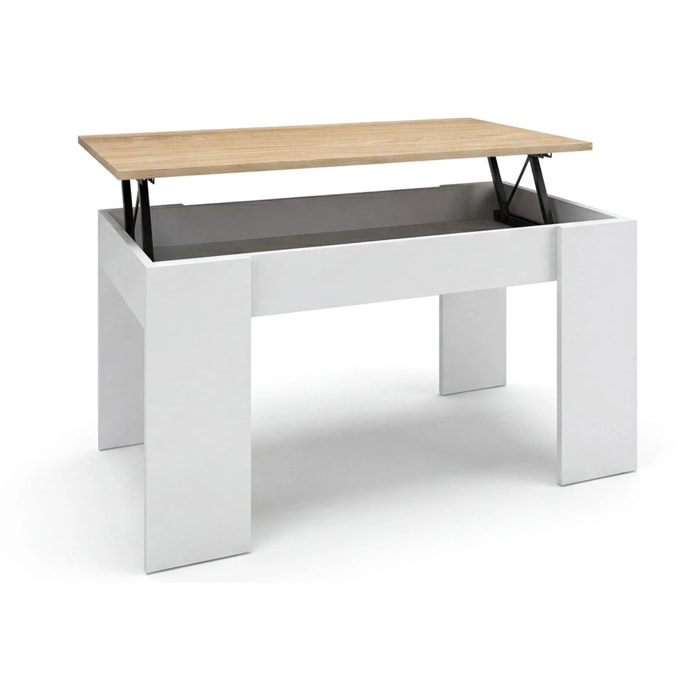 Mesa de centro elevable con almacenaje en blanco artik y roble canadian 90x43-53 cm Norak Blanco Artik (Blanco Mate) - Roble Canadian