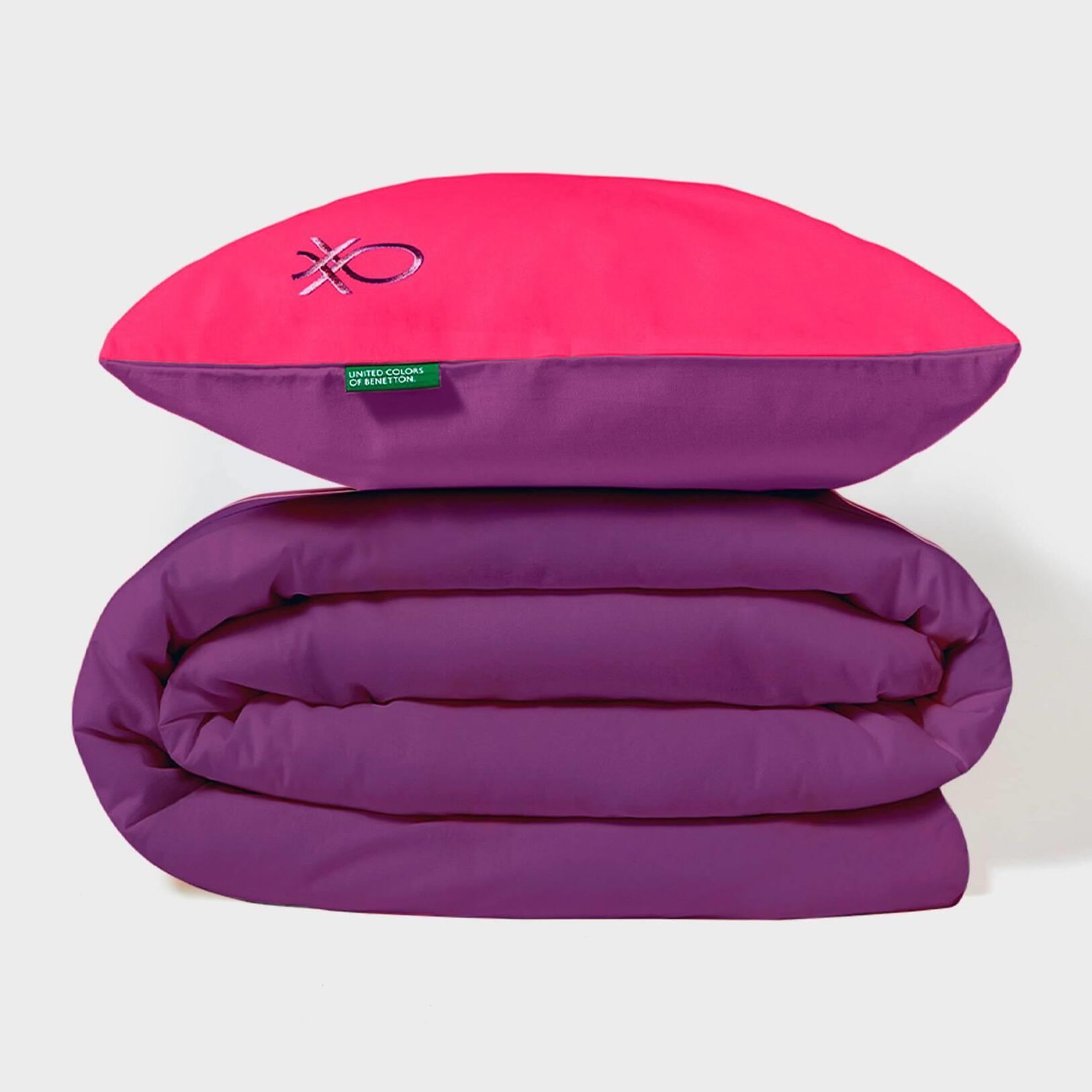 Set de cama 90 - 100 cm 100% algodón - funda nórdica reversible 150x210cm + sábana bajera 100x200+30cm + funda de almohada 50x70cm - rosa y morado rainbow benetton