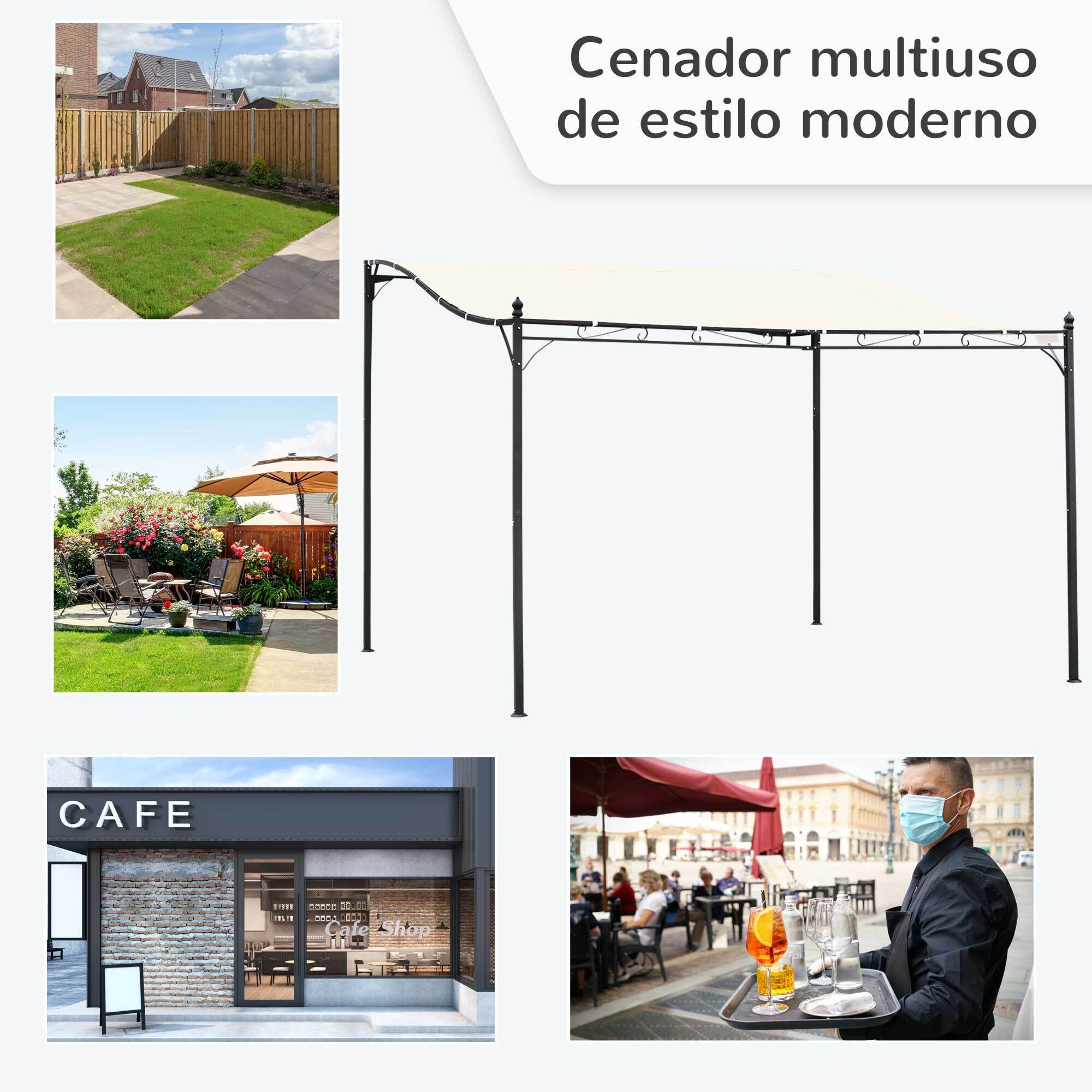 Outsunny Pérgola de Jardín 4x3 m Montado en Pared con Toldo y 4 Orificios Crema