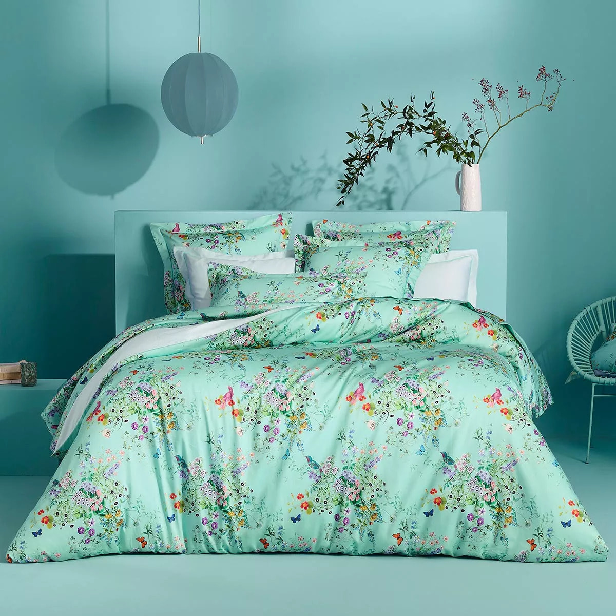 Housse de couette satin de coton 115 g/m² imprimé bleu vert Le printemps azur