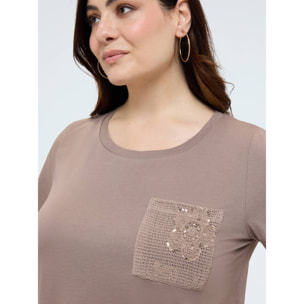 Fiorella Rubino - T-shirt in cotone con taschino in uncinetto e paillettes - Marrone