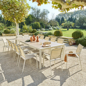 Table de jardin extensible "Évasion" effet bois lin & argile 14 places lates en aluminium