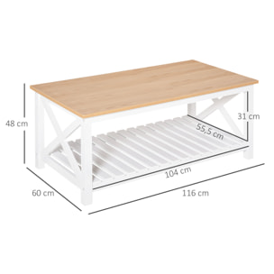 Mesa de Centro para Salón Mesa de Café con Estante de Almacenamiento Inferior para Dormitorio 116x60x48 cm Natural y Blanco