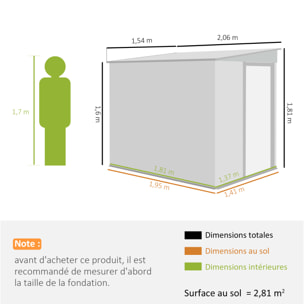 Abri de jardin métal cabanon 2,81 m² dim. 2,06x1,54x1,6/1,81Hm - porte, 2 étagères, 2 crochets, fondation incluse - acier gris