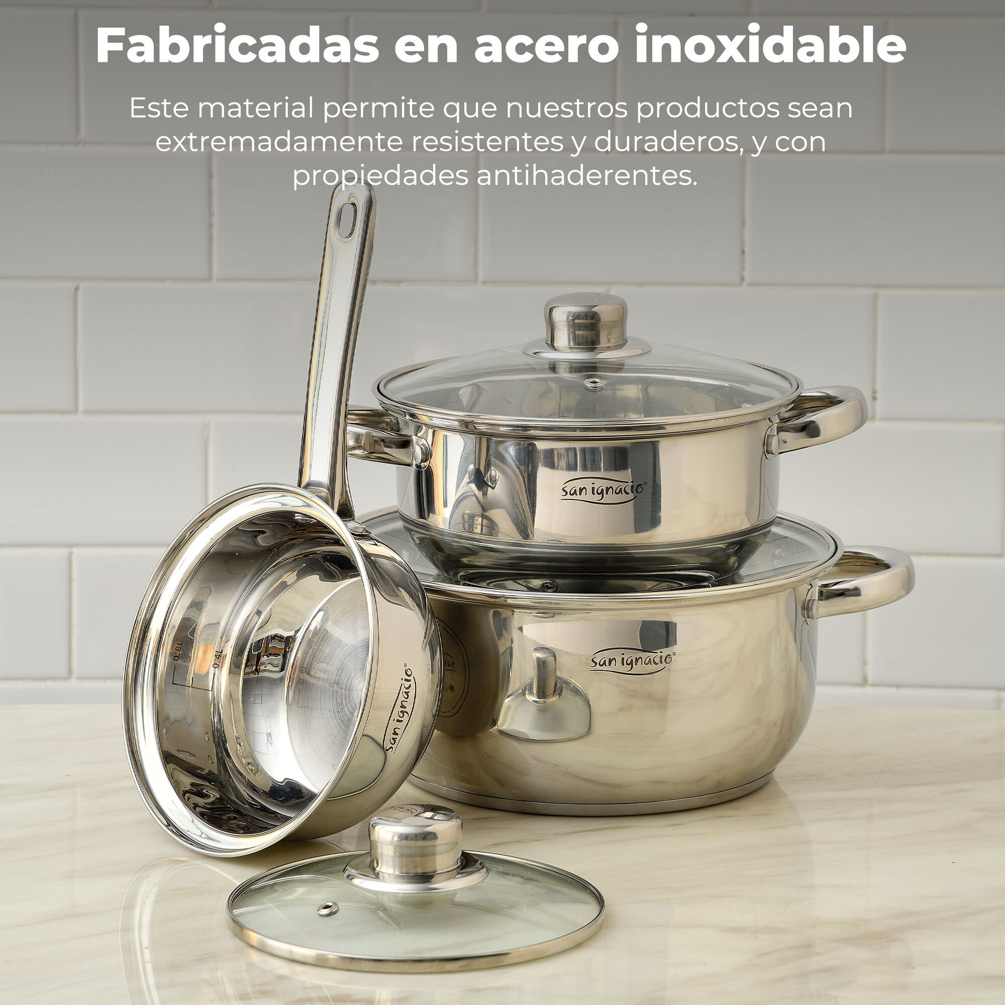 Set 12 piezas, batería de cocina en acero inox(cazoø16 + cacerolas ø18ø20ø24 + lechera ø14x12,5) + set de 3 sartenes (ø18ø22ø26) en aluminio prensado