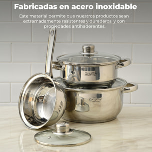 Set 12 piezas, batería de cocina en acero inox(cazoø16 + cacerolas ø18ø20ø24 + lechera ø14x12,5) + set de 3 sartenes (ø18ø22ø26) en aluminio prensado