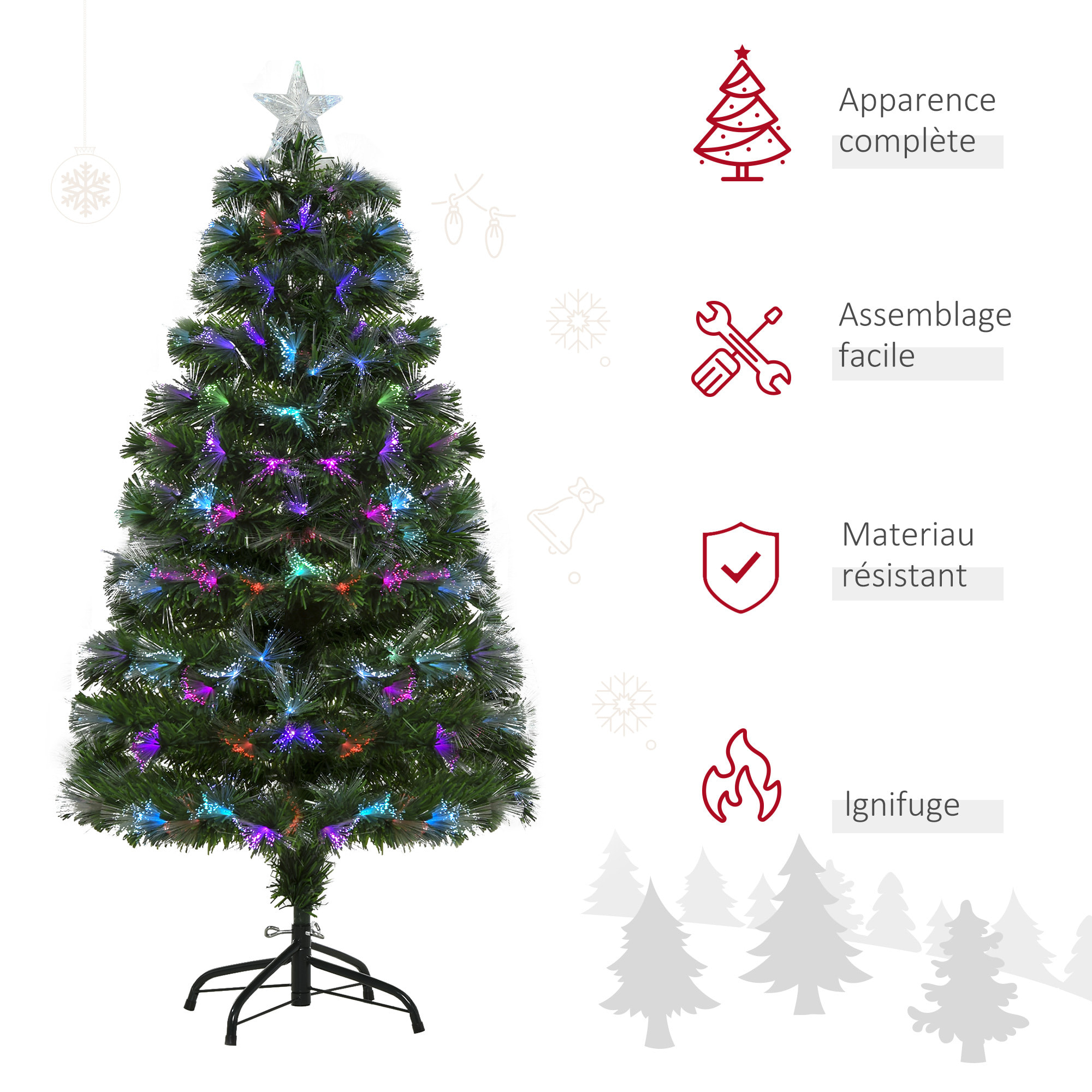 Sapin de Noël artificiel lumineux fibre optique LED multicolore + support pied Ø 66 x 120H cm 130 branches étoile sommet brillante vert