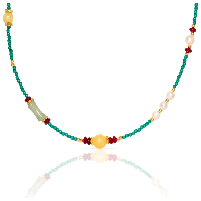 Collar de ojo de gato, lapislázuli, ámbar y perlas naturales con cierre de mosquetón.