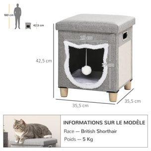 Niche chat grattoir pouf 3 en 1 design porte tête de chat - coussin bouclette amovible inclus - tissu gris