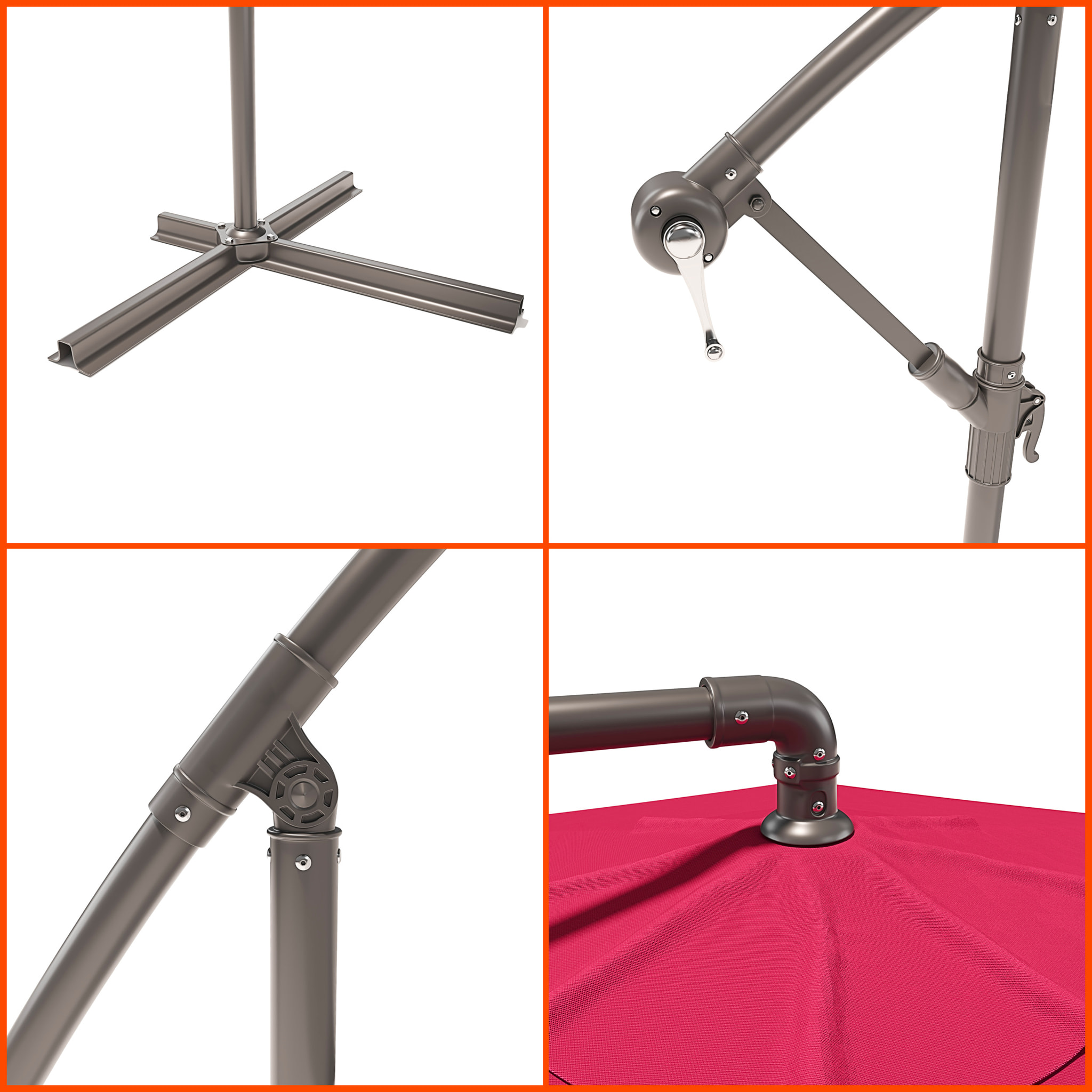 Ombrellone 3x3 M Decentrato Retrattile Braccio Rotabile Chiusura Manovella Giardino Piscina In Acciaio Inossidabile Telo 180 g/m2 Impermeabile Rosso