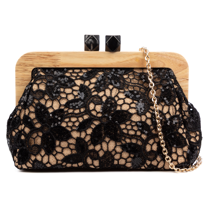 Borbera Bolso bandolera Mujer. Fabricado en madera natural, algodón y yute con diseño malla de tejido floral.