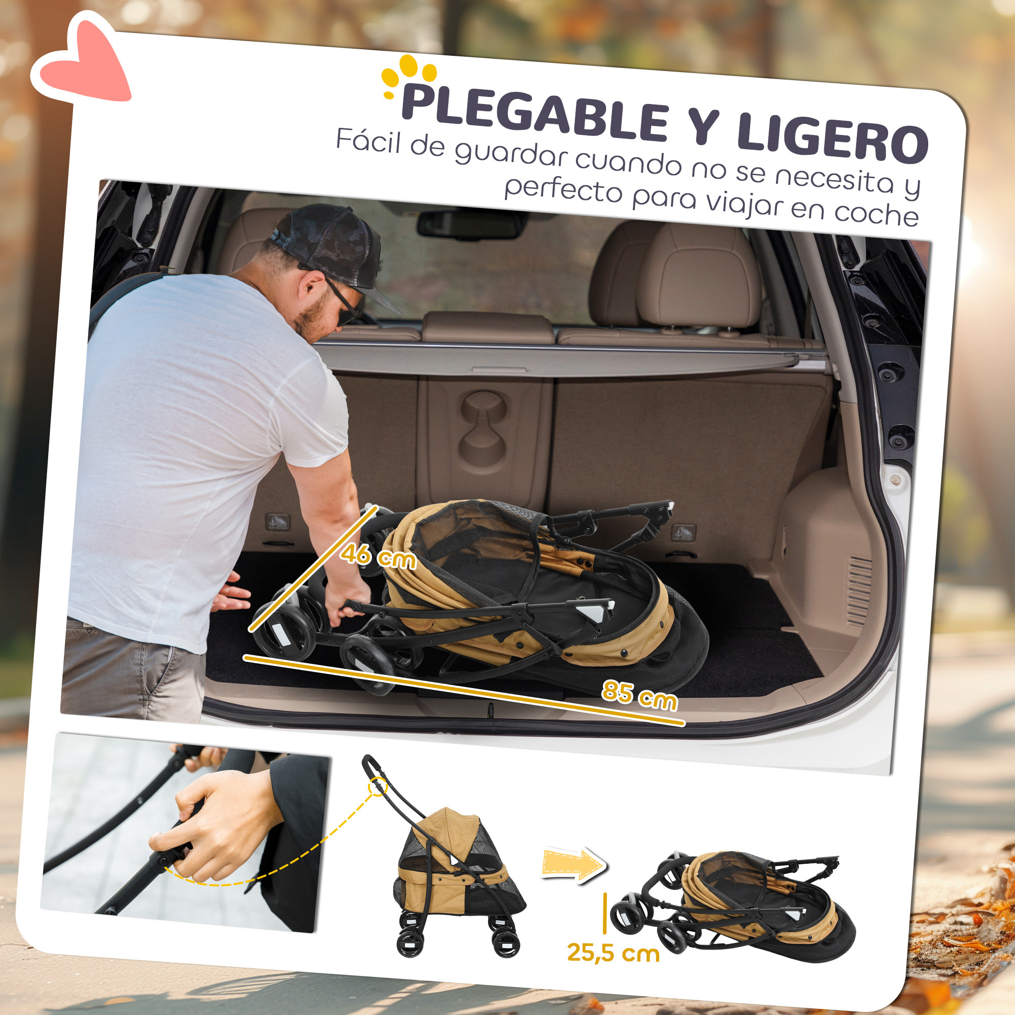 PawHut Carrito para Perros Plegable Cochecito para Mascotas Cochecito para Perros Pequeños con Ventanas de Malla Cojín Lavable Correas de Seguridad y Marco de Acero Café