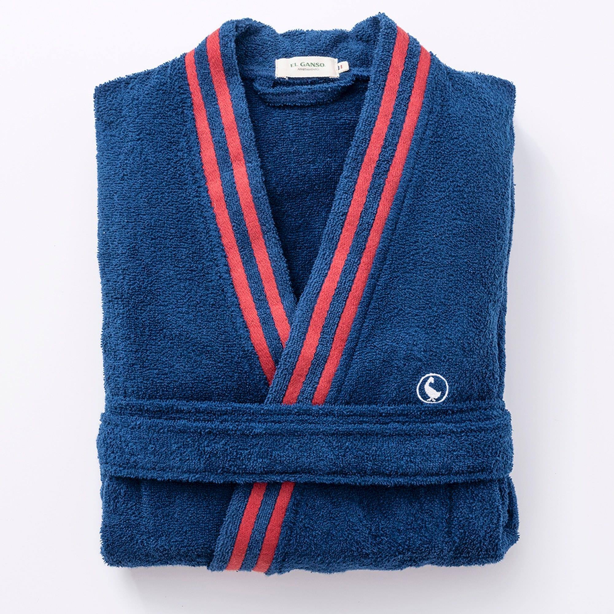 Albornoz color azul marino 320gsm 100% algodón liso con logo bordado el ganso