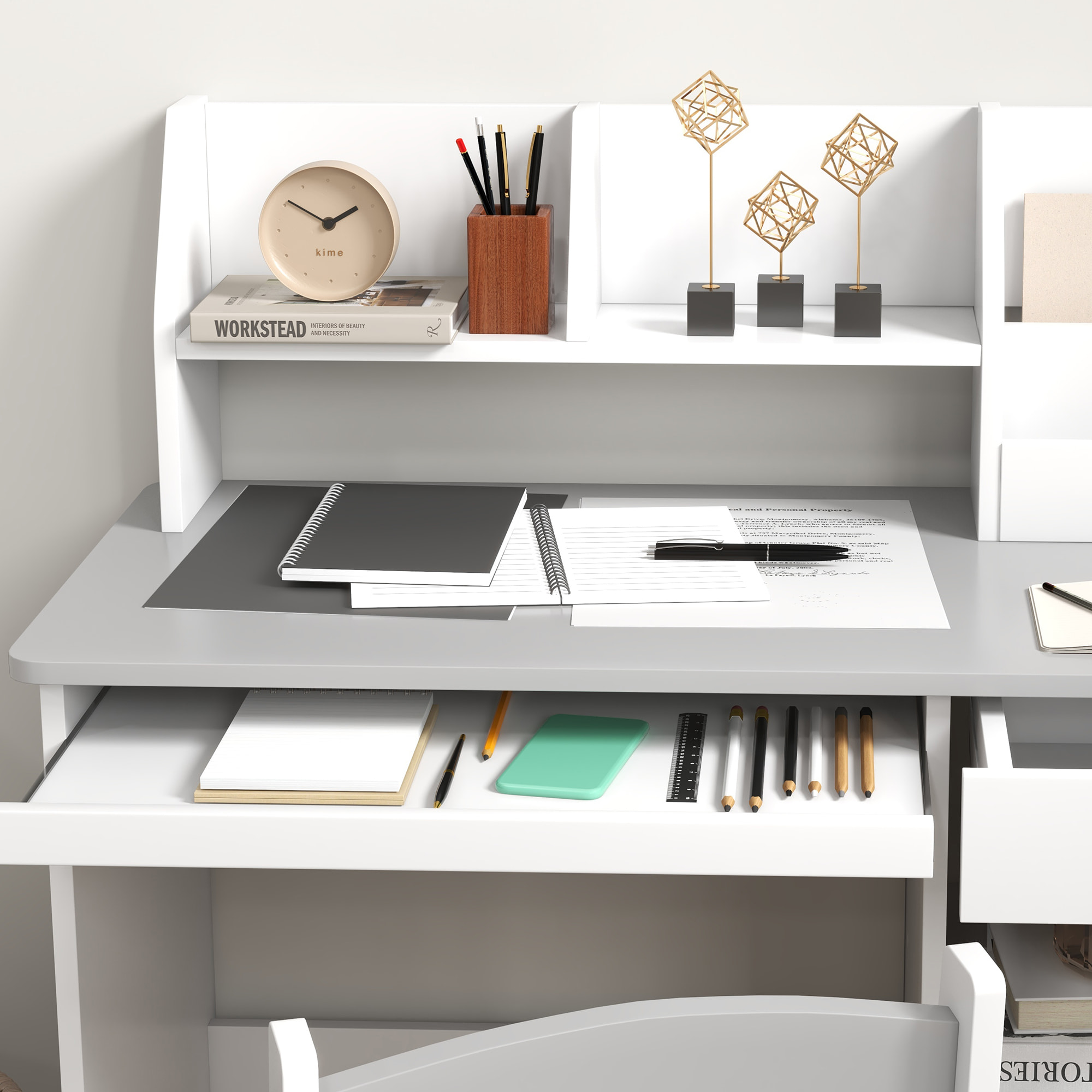 Bureau enfant multi-rangement - ensemble bureau, chaise, étagère - tiroir, plateau coulissant, 2 niches, 2 étagères, 2 présentoirs livres - gris