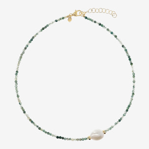 Collana Girocollo con Prehnite Verde e Perla Barocca Bianca Ø 13 mm in Argento 925 placcato Oro giallo 18Kt