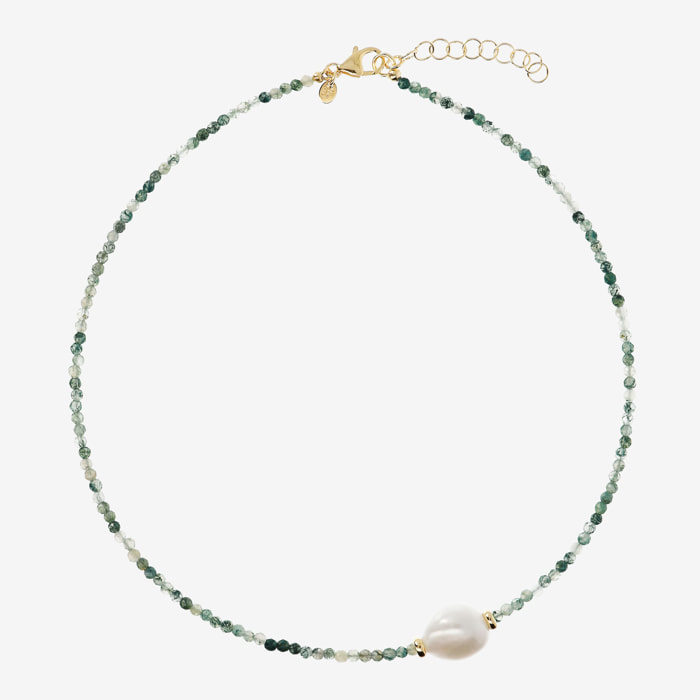 Collana Girocollo con Prehnite Verde e Perla Barocca Bianca Ø 13 mm in Argento 925 placcato Oro giallo 18Kt