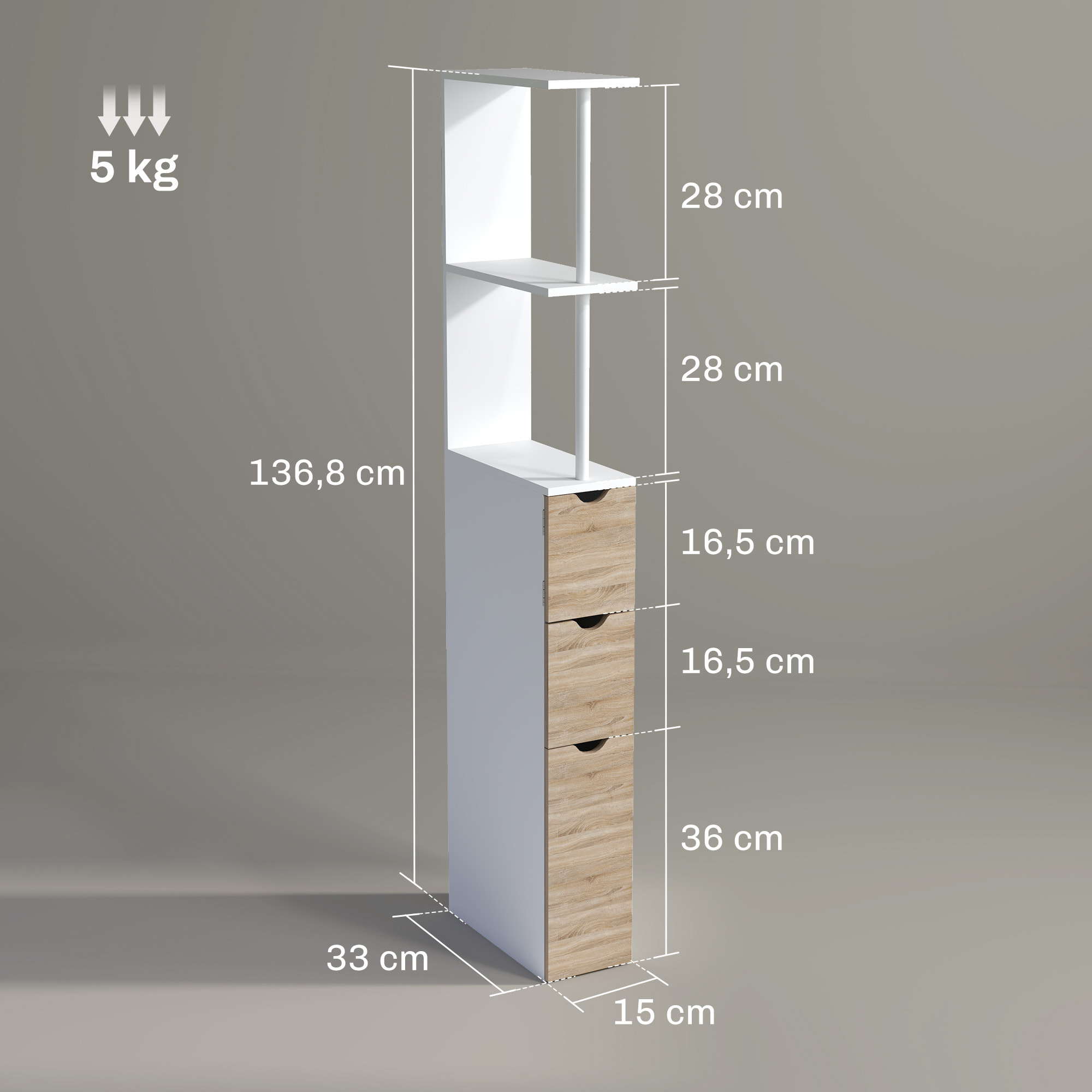 Columna Auxiliar de Baño Estrecha Armario Alto de Baño Moderno Mueble Auxiliar con 2 Estantes 2 Cajones y 1 Puerta Antivuelco 15x33x136,8 cm Natural
