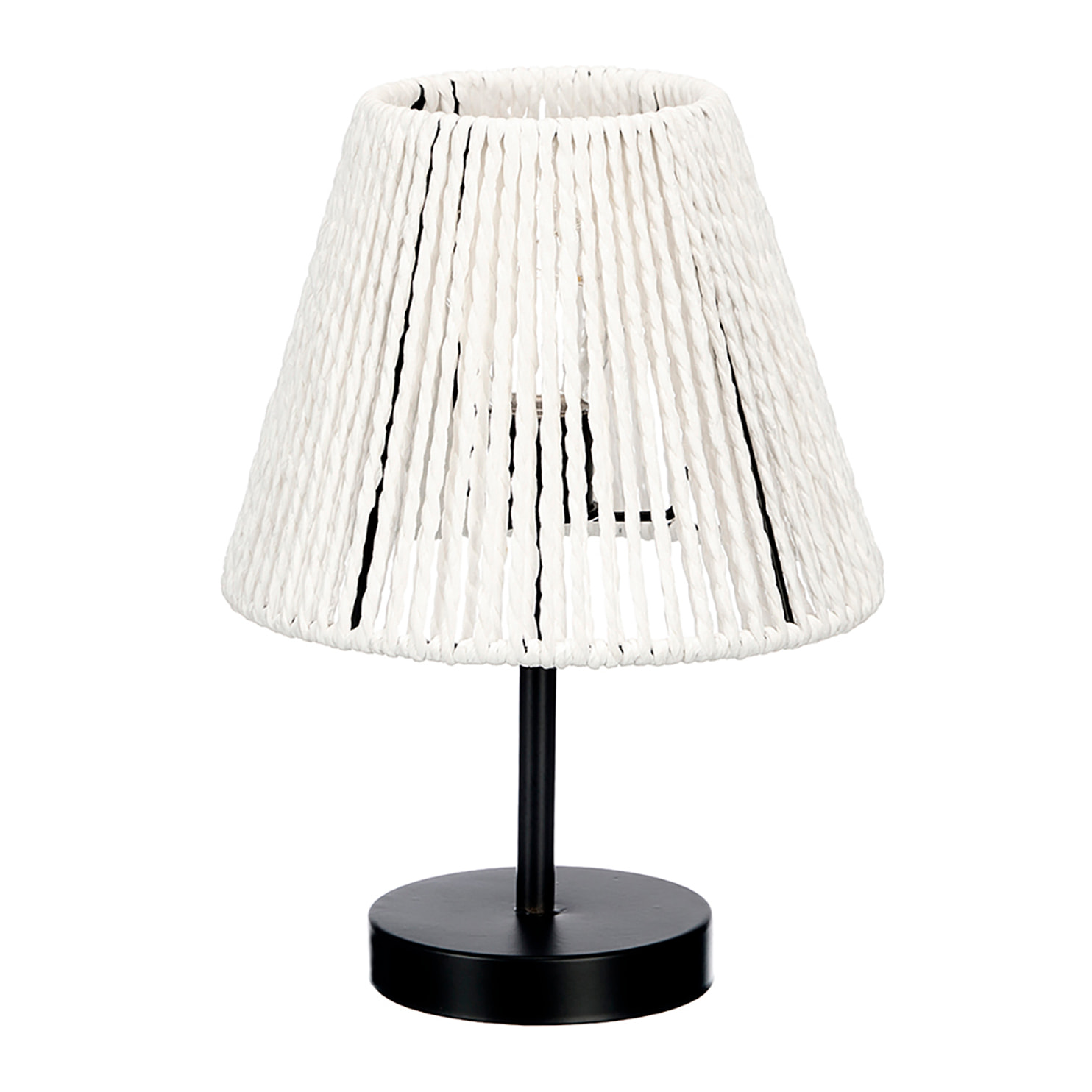 Lampada da tavolo conica con corda bianca.