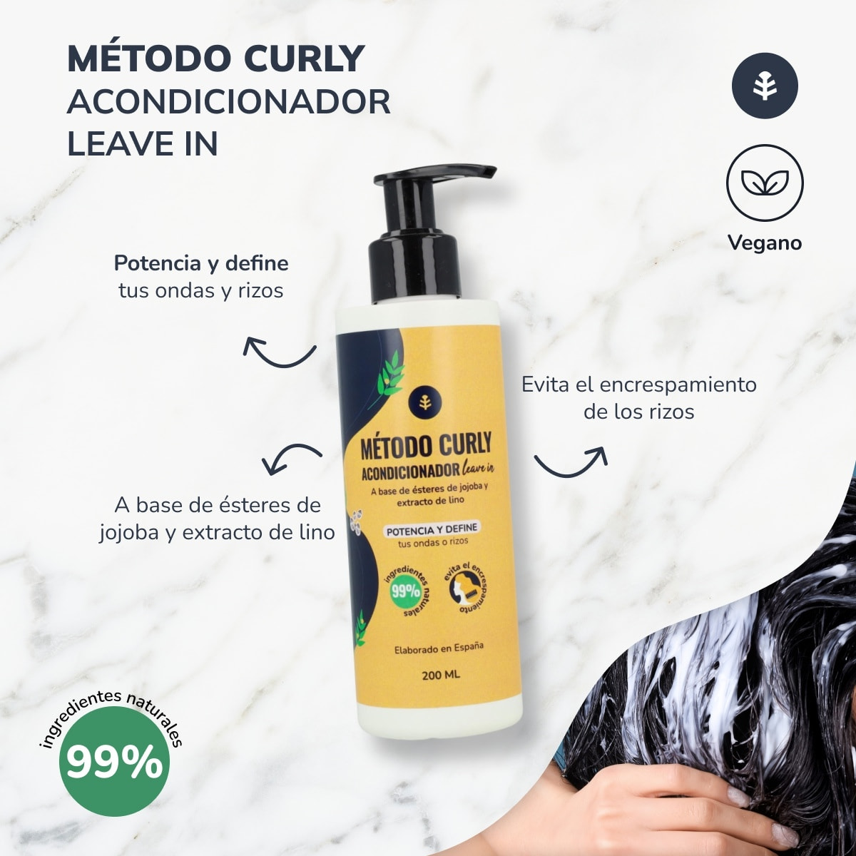 PLANETA HUERTO | Acondicionador Leave-in Método Curly 200ml – Anti-Frizz y Definición para Rizos y Ondas – Vegano y Natural – Sin Aclarado – Ingredientes Orgánicos