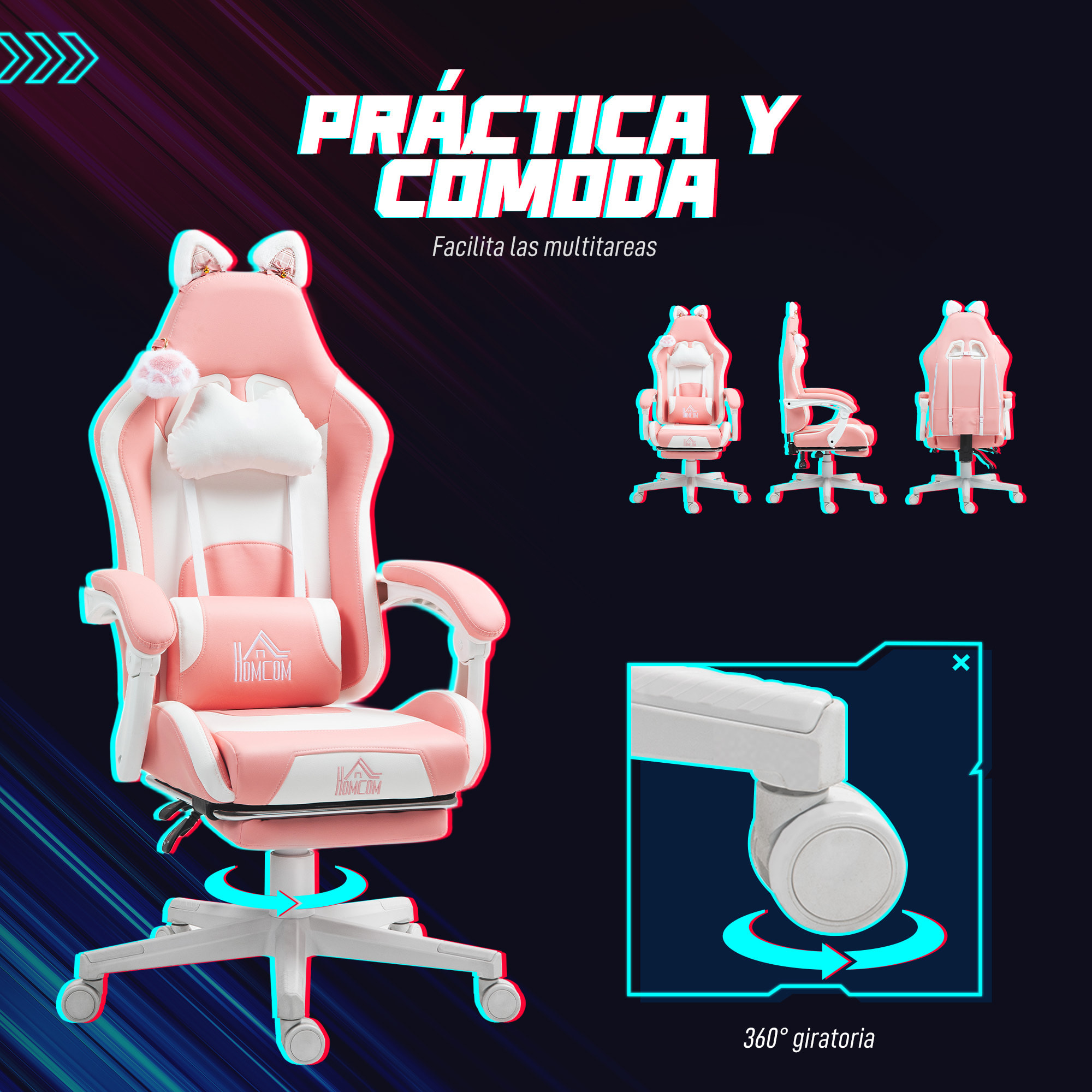 Silla Gaming con Orejas Silla Gamer Reclinable con Altura Ajustable Reposapiés Retráctil Soporte Lumbar y Reposacabezas Desmontable Silla para Oficina Estudio Rosa