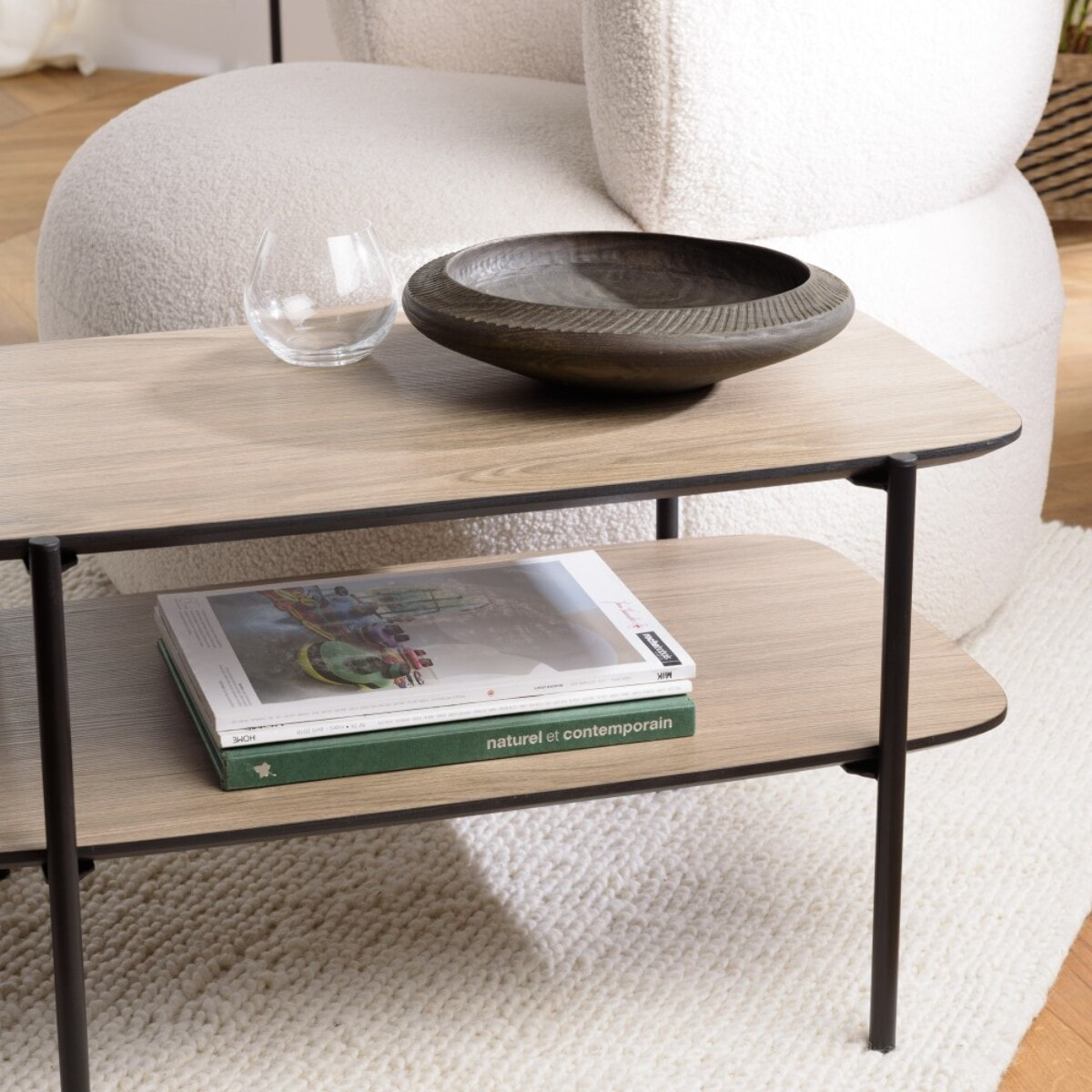 JULIA - Table basse rect. double plateau couleur mocha pieds métal noir