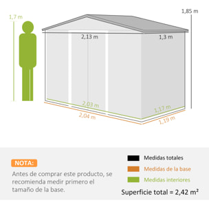 Caseta de Jardín Exterior 2,42 m², 213x130x185 cm, Cobertizo de Jardín Exterior Metálico con Puertas Correderas, Ventilación y Kit de Fundación, para Almacenamiento de Herramientas, Amarillo