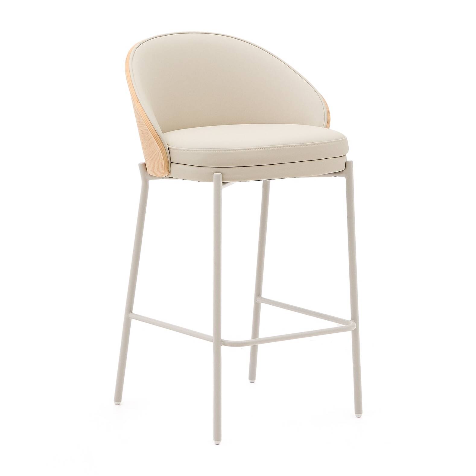 Kave Home - Sgabello Eamy di pelle sintetica beige, impiallacciatura in frassino finitura naturale 65