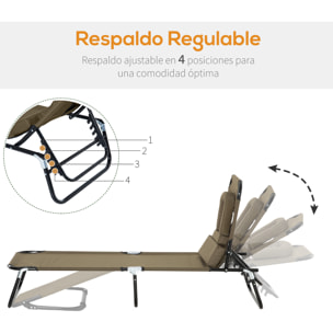 Tumbona Plegable con Respaldo Regulable en 4 Posiciones Tumbona de Jardín con Orificio de Lectura Almohada Marco Metálico y Tela Oxford para Playa Terraza Carga 120 kg 190x56x28 cm Marrón