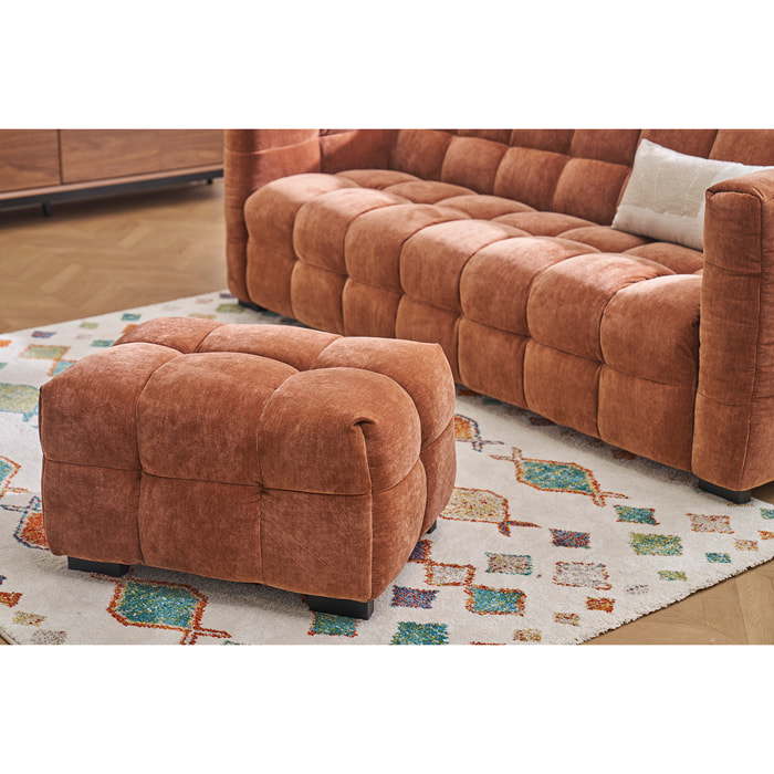 Canapé design 3 places et repose-pieds en tissu effet velours terre brûlée CORTO