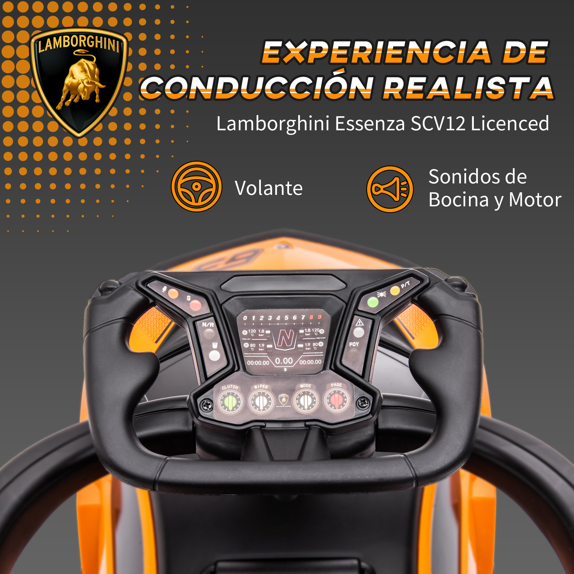 2 en 1 Coche Correpasillos para Niños 12-36 Meses Lamborghini Essenza SCV12 Andador Empujador con Bocina Mango de Empuje y Barandilla Extraíbles 86,5x40x89,5 cm Naranja y Negro