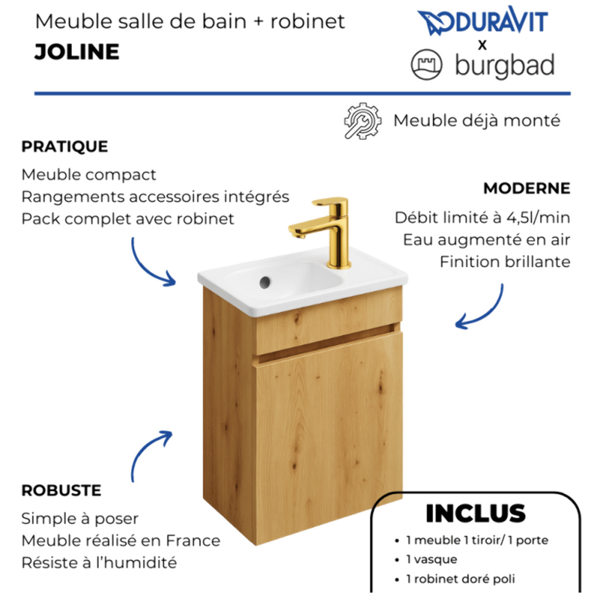 Pack meuble suspendu lave-mains Joline chêne + Robinet lave-mains eau froide Duravit Wave Doré poli