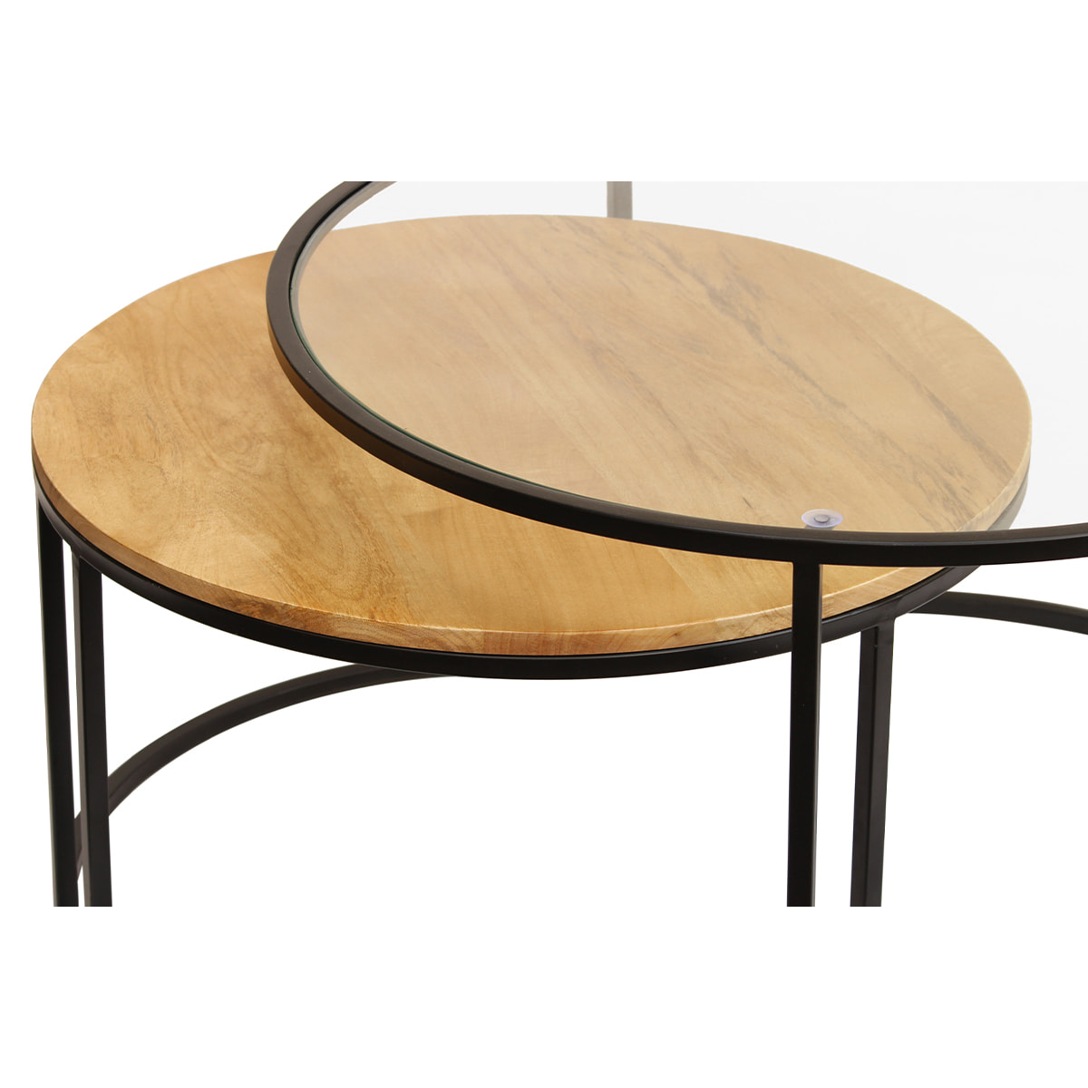 Tables basses gigognes rondes verre trempé, bois manguier massif et métal noir (lot de 2) TAHL